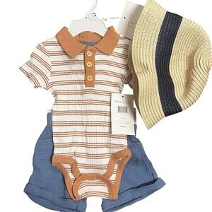 NWT‎ Rachel Zoe Orange & White Matching Set with Polo Shirt Snaps, 6-9 Months